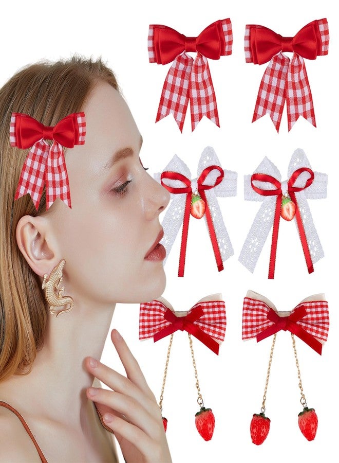 HANSAMU 6 Pcs Strawberry Hair Bow Clips Hair Accessories, Cute Alligator Hair Barrettes, Red White Plaid Bow Decor for Women Girls Hair Decoration, Christmas - Image 1