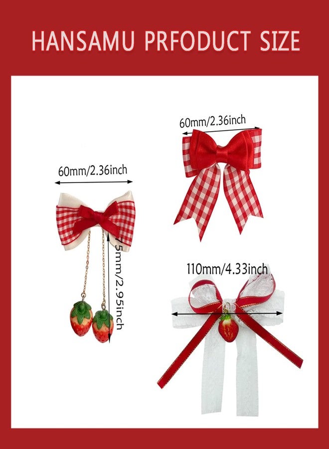 HANSAMU 6 Pcs Strawberry Hair Bow Clips Hair Accessories, Cute Alligator Hair Barrettes, Red White Plaid Bow Decor for Women Girls Hair Decoration, Christmas - Image 2