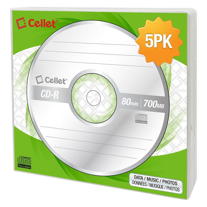 Cellet CD-R 5-Pack â€“ 700MB 80-Minute Blank Discs, 52X Speed for Data, Music, and Photo Recording - Image 1