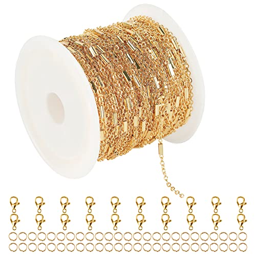 YOUBEIYEE 32.8ft 18K Gold Plated Jewelry Making Chain Bulk with 50pcs Jump Rings and 20pcs Lobster Clasps, Solid Brass Tube Bar Cable Link Chain Necklace Bracelet DIY Craft Chains - Image 1