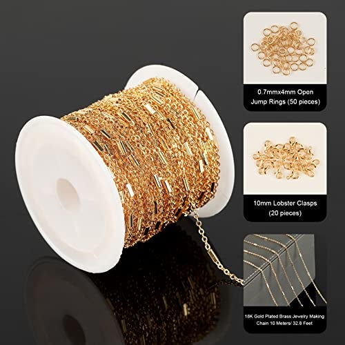 YOUBEIYEE 32.8ft 18K Gold Plated Jewelry Making Chain Bulk with 50pcs Jump Rings and 20pcs Lobster Clasps, Solid Brass Tube Bar Cable Link Chain Necklace Bracelet DIY Craft Chains - Image 2