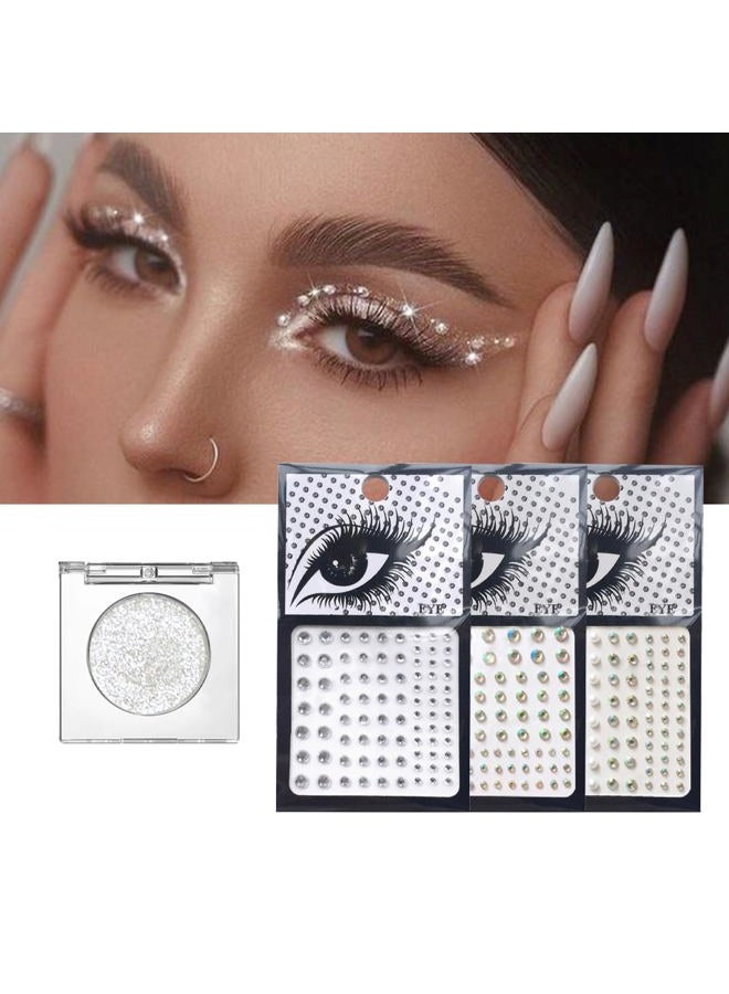 VOTACOS Silver Glitter Eyeshadow & 3Pcs Face Gems Stick on Set, Shimmer Cream Eye Shadow & Hair Jewels Face Rhinestones, Glossier Single Eyeshadow Palette & Body Gems Diamonds for Eye Makeup - Image 2