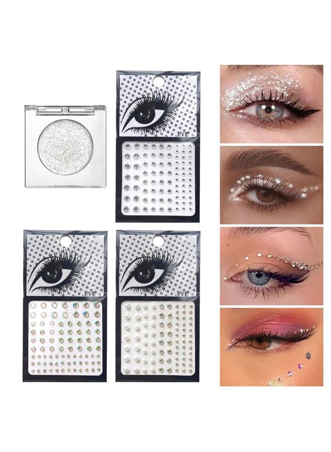 VOTACOS Silver Glitter Eyeshadow & 3Pcs Face Gems Stick on Set, Shimmer Cream Eye Shadow & Hair Jewels Face Rhinestones, Glossier Single Eyeshadow Palette & Body Gems Diamonds for Eye Makeup - Image 1