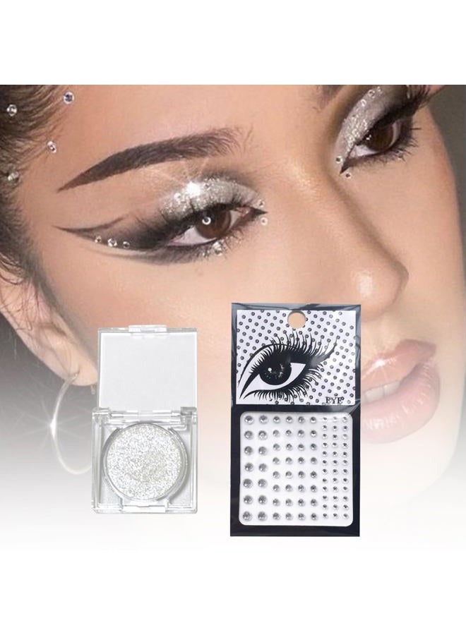 VOTACOS Silver Glitter Eyeshadow & 3Pcs Face Gems Stick on Set, Shimmer Cream Eye Shadow & Hair Jewels Face Rhinestones, Glossier Single Eyeshadow Palette & Body Gems Diamonds for Eye Makeup - Image 4