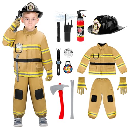 deAO Fireman Costume for Kids Firefighter Dress-Up Toy Set with Accessories Halloween Costumes Pretend Play Toy Gift for Boy - Image 1