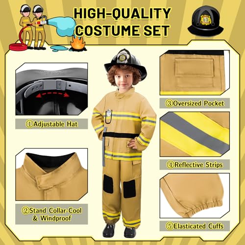 deAO Fireman Costume for Kids Firefighter Dress-Up Toy Set with Accessories Halloween Costumes Pretend Play Toy Gift for Boy - Image 3