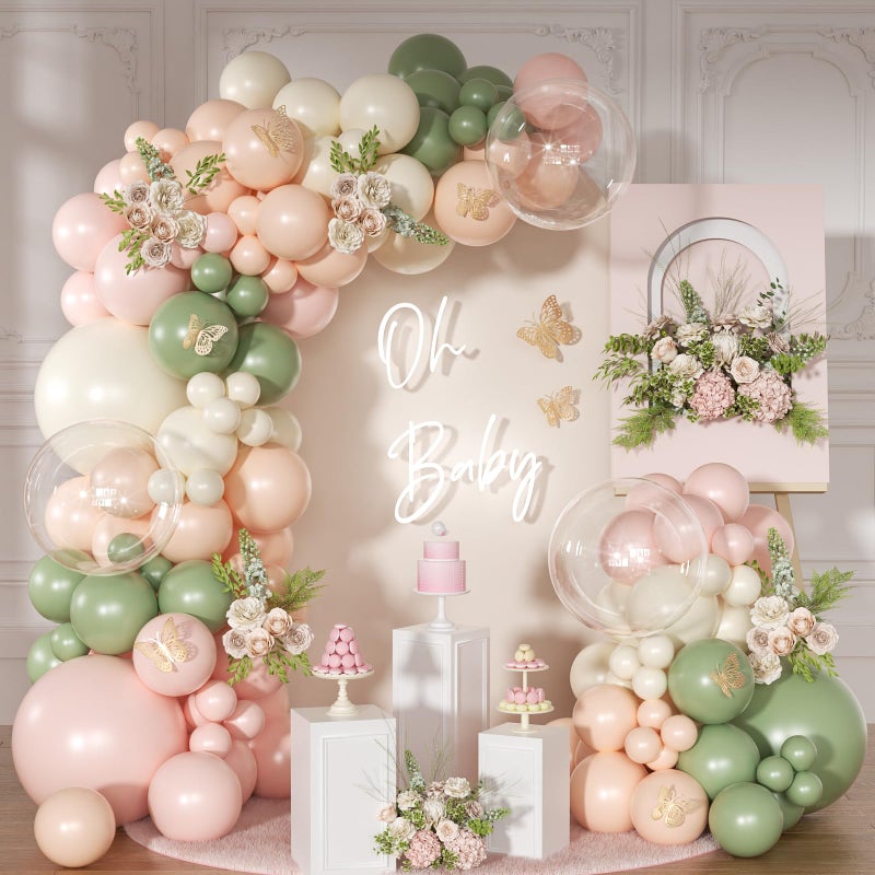 NUTTYBASH Pink and Sage Green Balloon Arch Kit 131 Pcs Dusty Pink Green Balloons Different Size for Wedding Birthday Baby Shower Gender Reveal Decorations - Image 1