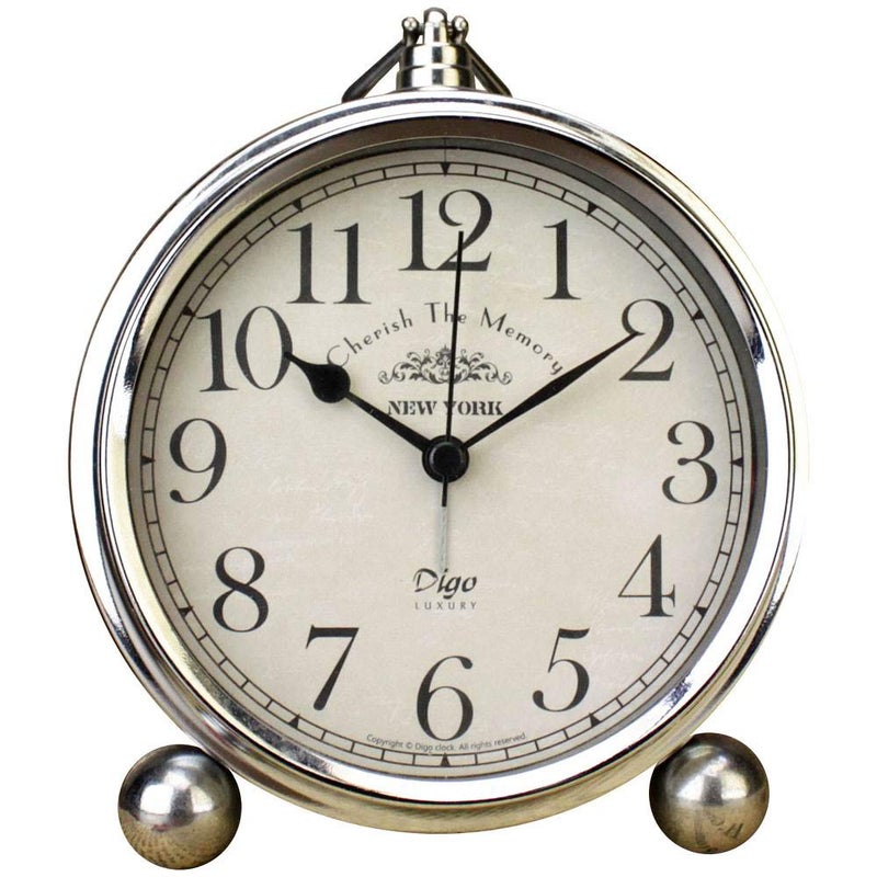 JUSTUP Vintage Table Clock Iron European Style Desk Clock Battery Operated NonTicking Mantle Clock for Home Decor Silver
