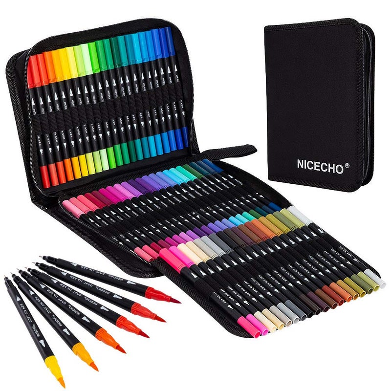 Nicecho Art Markers Dual Brush Pens for Coloring, 60 Artist Colored Marker Set, Fine and Brush Tip Pen Art Supplier for Adult Coloring Books, Bullet Journaling, Drawing - Image 1