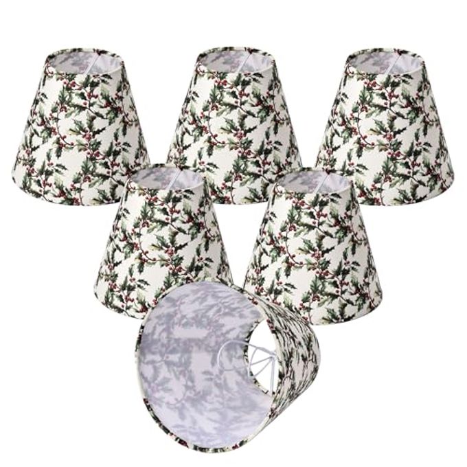 Mr.Color Clip On Chandelier Shades Set of 6,Small Empire Lamp Shades Printed Fabric 3.1" x 5.9" x 5.1" for E12 Candelabra Bulbs,Holly Leaves & Red Berries for Chandeliers,Wall Sconces,Table Lamps - Image 4