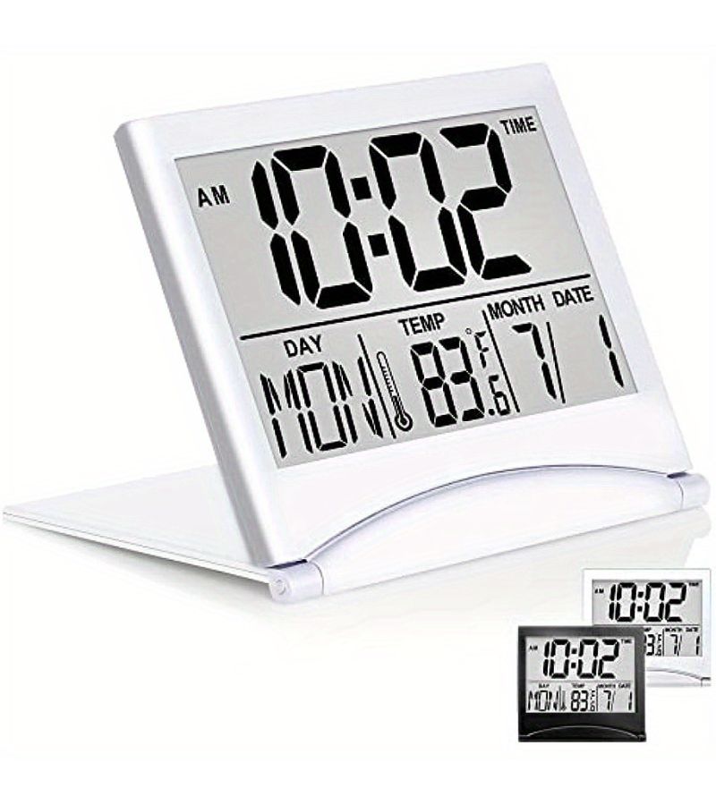 Black Foldable Digital Travel Alarm Clock With Large Number Display Calendar Timer Snooze Mode Battery Operated Compact Desk Clock For All Ages - Image 2