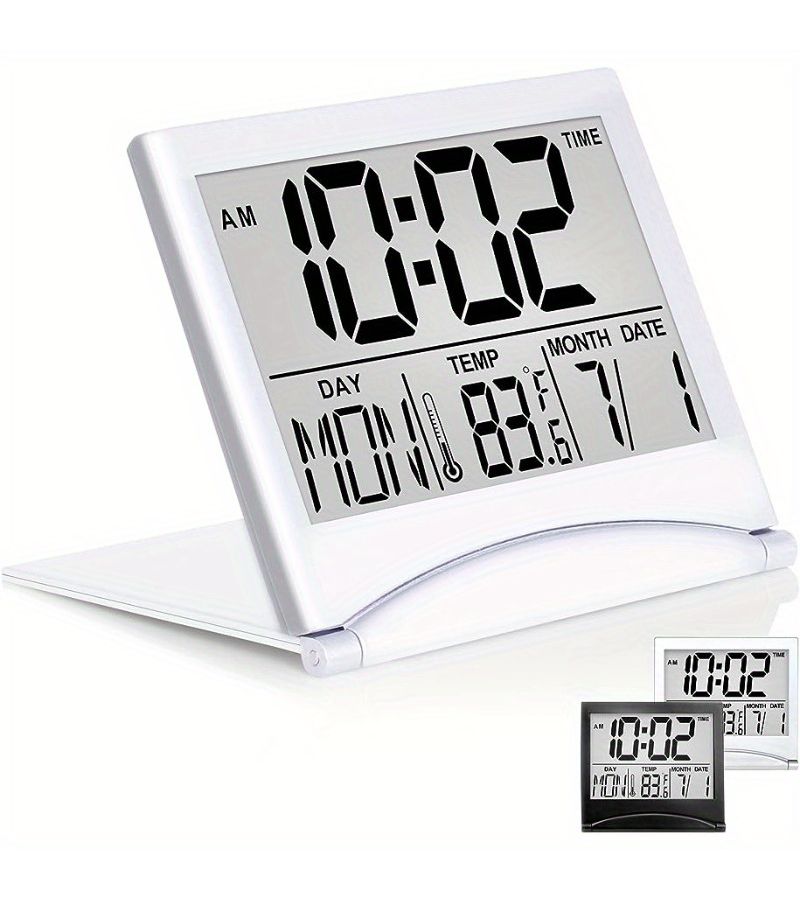 Black Foldable Digital Travel Alarm Clock With Large Number Display Calendar Timer Snooze Mode Battery Operated Compact Desk Clock For All Ages - Image 1