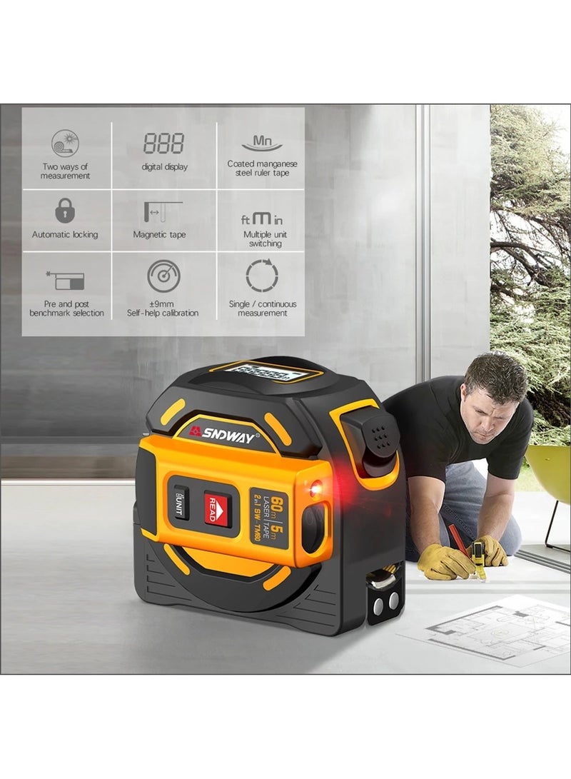 SNDWAY 2 in 1 Laser Tape Measure, Digital Laser Distance Meters with LCD Display, 60M/196FT Laser Rangefinder, 5M/16FT Steel Ruler Tape Measure, High Precision Laser Measure Measuring, Switchable Units M/Ft - Image 2