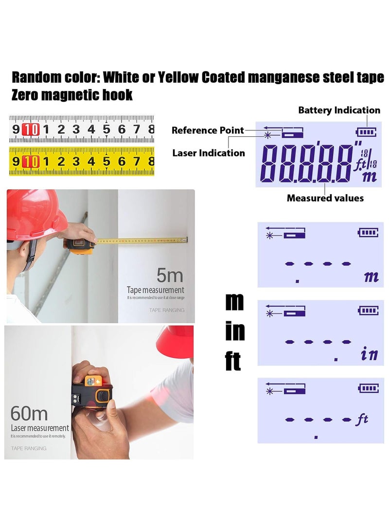 SNDWAY 2 in 1 Laser Tape Measure, Digital Laser Distance Meters with LCD Display, 60M/196FT Laser Rangefinder, 5M/16FT Steel Ruler Tape Measure, High Precision Laser Measure Measuring, Switchable Units M/Ft - Image 4