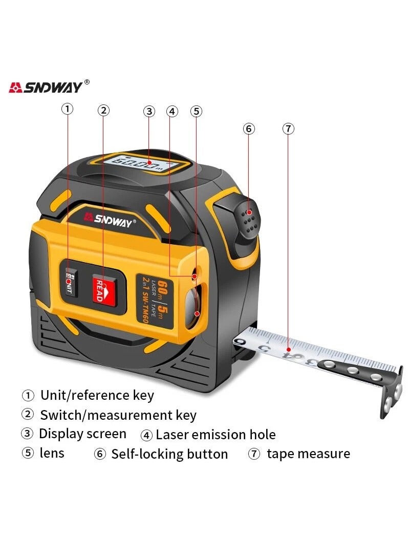 SNDWAY 2 in 1 Laser Tape Measure, Digital Laser Distance Meters with LCD Display, 60M/196FT Laser Rangefinder, 5M/16FT Steel Ruler Tape Measure, High Precision Laser Measure Measuring, Switchable Units M/Ft - Image 5