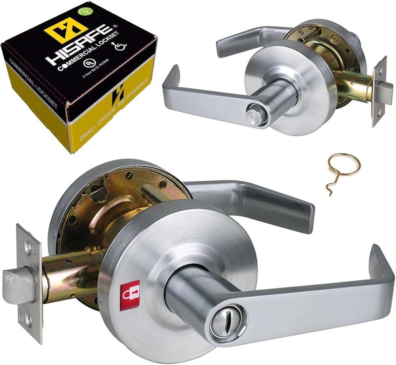 HISAFE Privacy Commercial Door Locks Heavy Duty Grade 2 Lever for Commercial Bathroom, Non-Handed, UL 3 Hour Fire Rated, ADA Compliant, Satin Chrome Finish 26D, 2-3/4''Backset, X-XG-BK-70 - Image 1