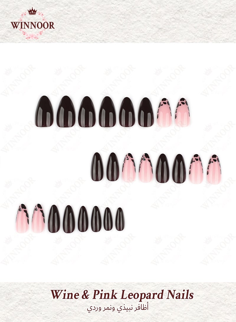 WINNOOR 24-Piece Wine Red & Pink Leopard Almond Press-On Nails for Women – Glue-Free Instant Manicure, Party & Y2K Style Ready - Image 3