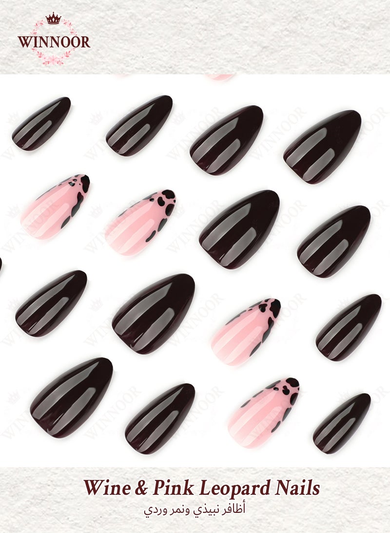 WINNOOR 24-Piece Wine Red & Pink Leopard Almond Press-On Nails for Women – Glue-Free Instant Manicure, Party & Y2K Style Ready - Image 2