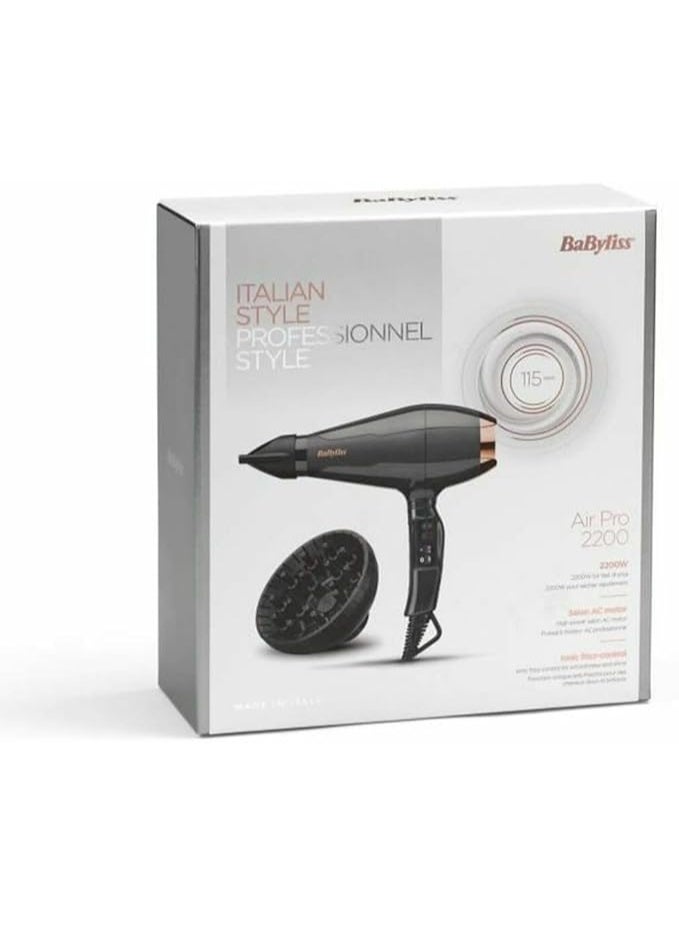 بيبي ليس مجفف الشعر الاحترافي BaByliss Italian Air Pro بقوة 2200 واط ومحرك تيار متردد (AC)، مزود بتقنية الأيونات ومصمم بجودة صالونات التجميل (صُنع في إيطاليا)، يتميز بإعدادين للسرعة والحرارة، ويأتي مع ملحقات موزع الهواء (Diffuser) ومكثف الهواء (Concentrator)، باللون الأسود والرمادي - 6719DE - Image 1
