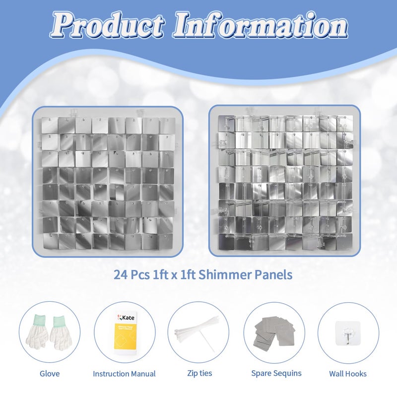 Kate Champagne Gold Shimmer Wall Backdrop 24 Pcs, Square Sequin Panel Decoration, Glitter Silver Photo Backdrop for Wedding Anniversary Birthday 6ftx4ft - Image 2