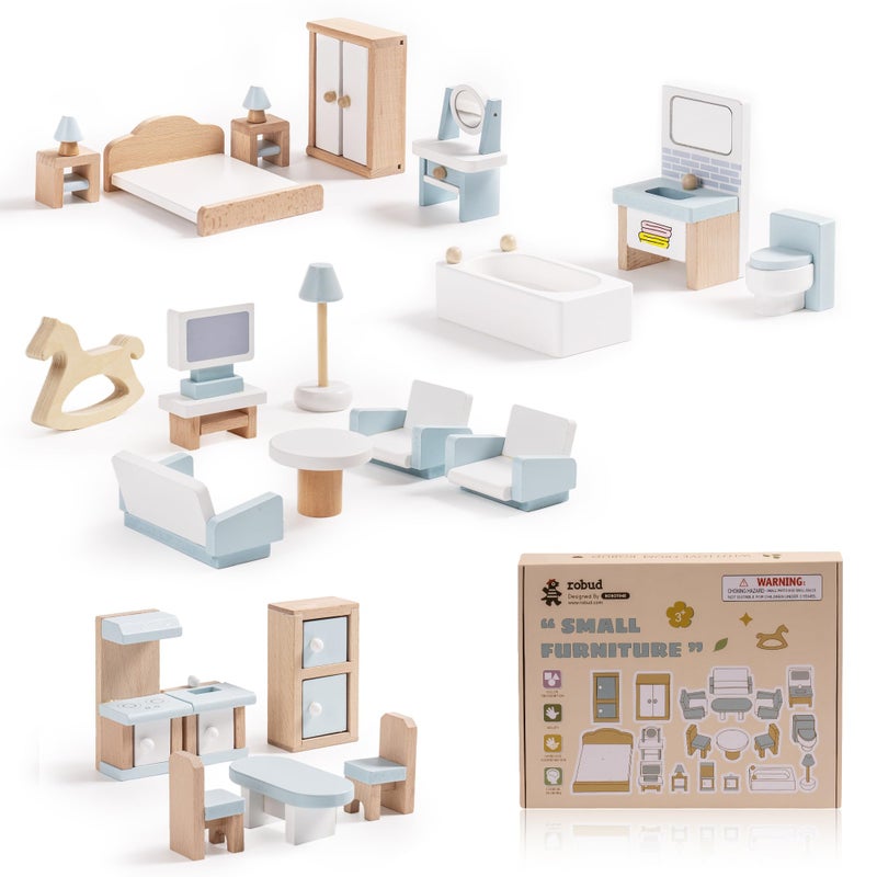 ROBUD Wooden Dollhouse Furniture Set, 23 Pcs Dollhouse Accessories, Miniature Furniture Including 5 Room Kits, Dollhouse Furniture Pretend Play Toys for Boys, Girls & Toddlers, 3+ - Image 1