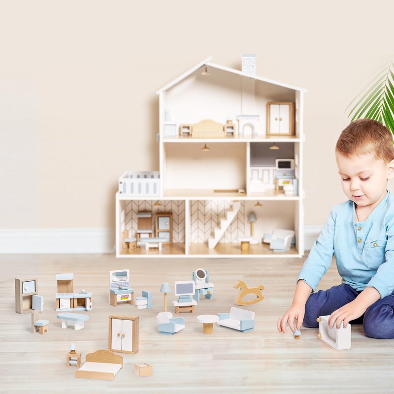 ROBUD Wooden Dollhouse Furniture Set, 23 Pcs Dollhouse Accessories, Miniature Furniture Including 5 Room Kits, Dollhouse Furniture Pretend Play Toys for Boys, Girls & Toddlers, 3+ - Image 4