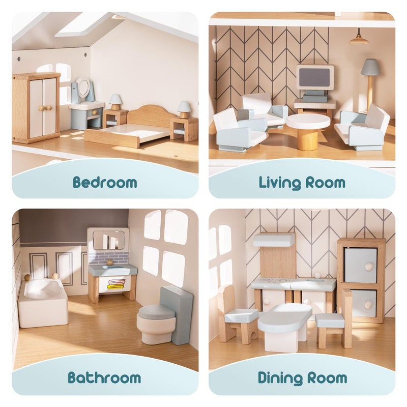ROBUD Wooden Dollhouse Furniture Set, 23 Pcs Dollhouse Accessories, Miniature Furniture Including 5 Room Kits, Dollhouse Furniture Pretend Play Toys for Boys, Girls & Toddlers, 3+ - Image 2