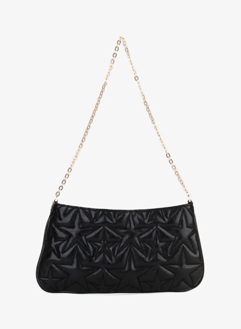 Women's Dalya Black Star Embroidered Lined Zipper Closure Baguette Hand and Shoulder Bag.