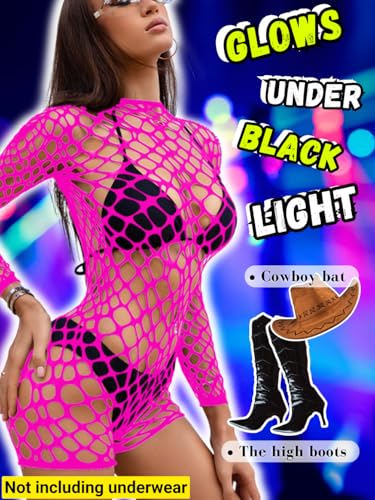 EHSUYAB Sexy Fishnet Swimsuit Coverup For Women, Hollow Out Backless Long Sleeve Romper Bathing Suit, One Piece Beach Outfits Neon Pink One Size - Image 4