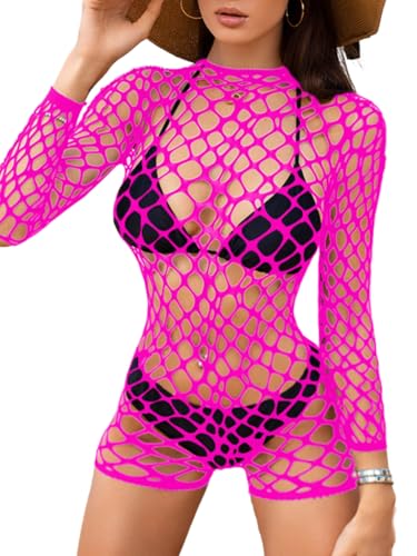 EHSUYAB Sexy Fishnet Swimsuit Coverup For Women, Hollow Out Backless Long Sleeve Romper Bathing Suit, One Piece Beach Outfits Neon Pink One Size - Image 1