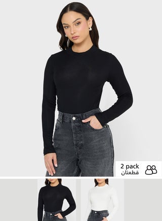 قطعتان بلوزة بأكمام طويلة ورقبة عالية