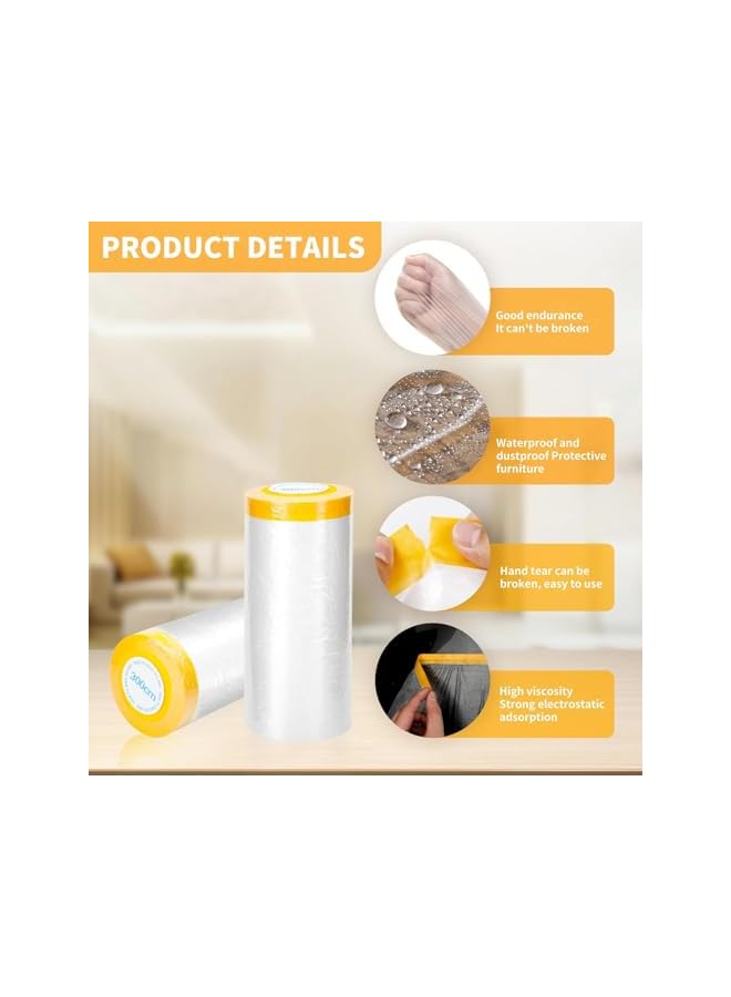 PROMASS Pre-Taped Masking Film 1 Pack, 10 x 65 feet Rolls, Tape and Drape, Painters Plastic Drop Cloth for Automotive Painting Covering, House Decoration Furniture Floor Dustproof Cover - Image 3