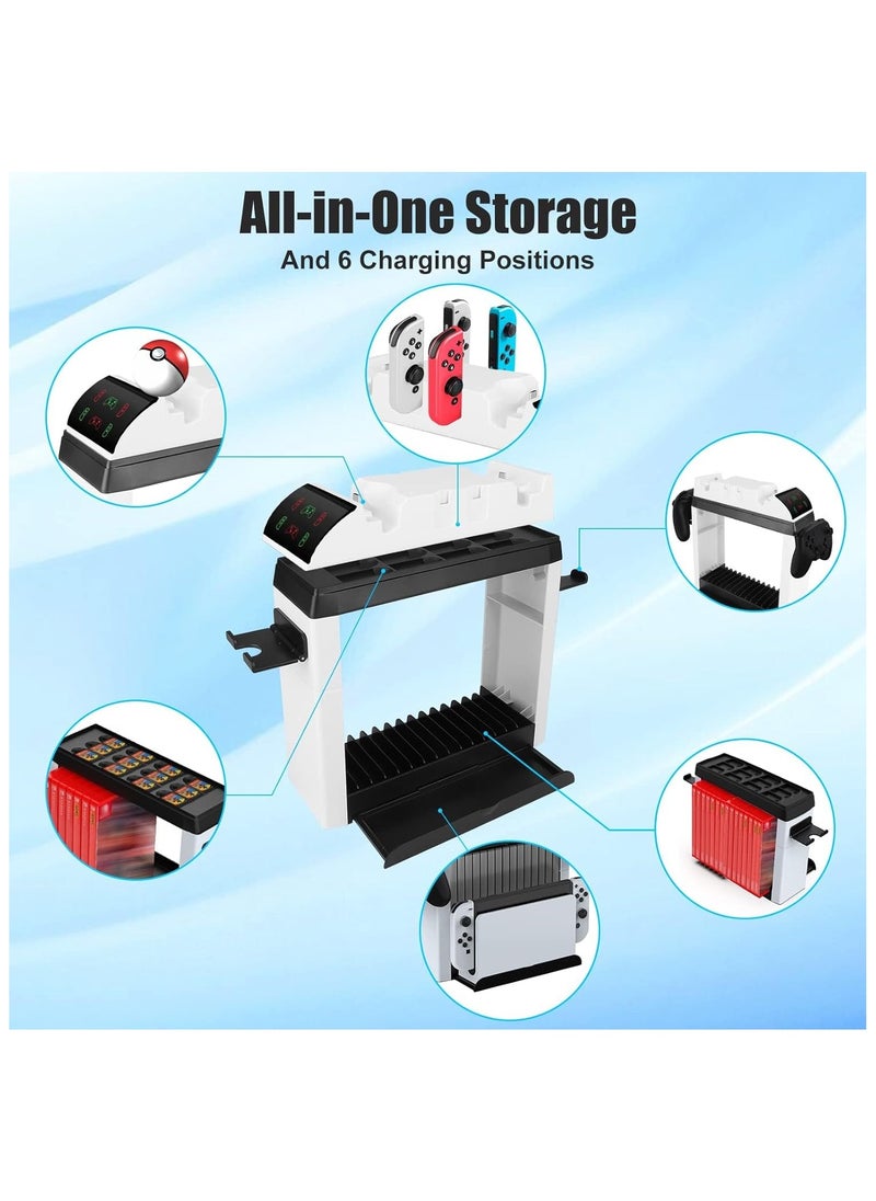Switch Organizer Charging Dock with 12 Game Storage for Nintendo Switch/Switch OLED Model, Charges 2 Pro Controllers and 4 Joy-Con Controllers Simultaneously