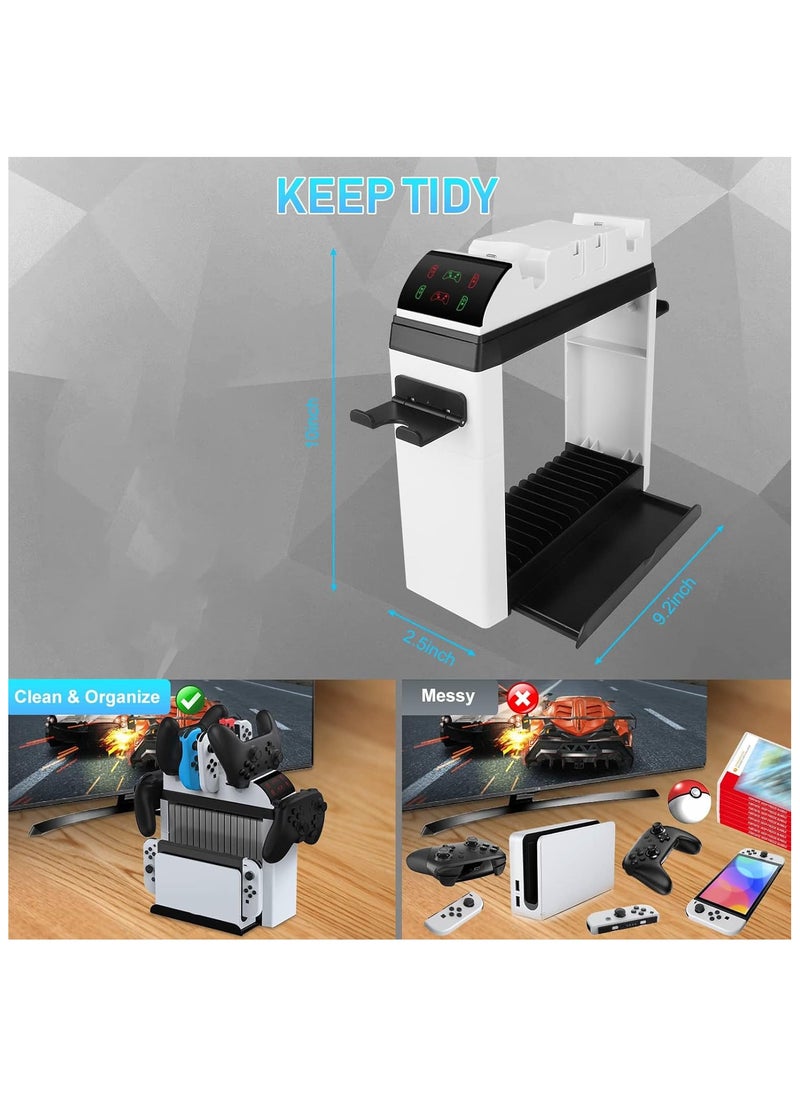 Switch Organizer Charging Dock with 12 Game Storage for Nintendo Switch/Switch OLED Model, Charges 2 Pro Controllers and 4 Joy-Con Controllers Simultaneously