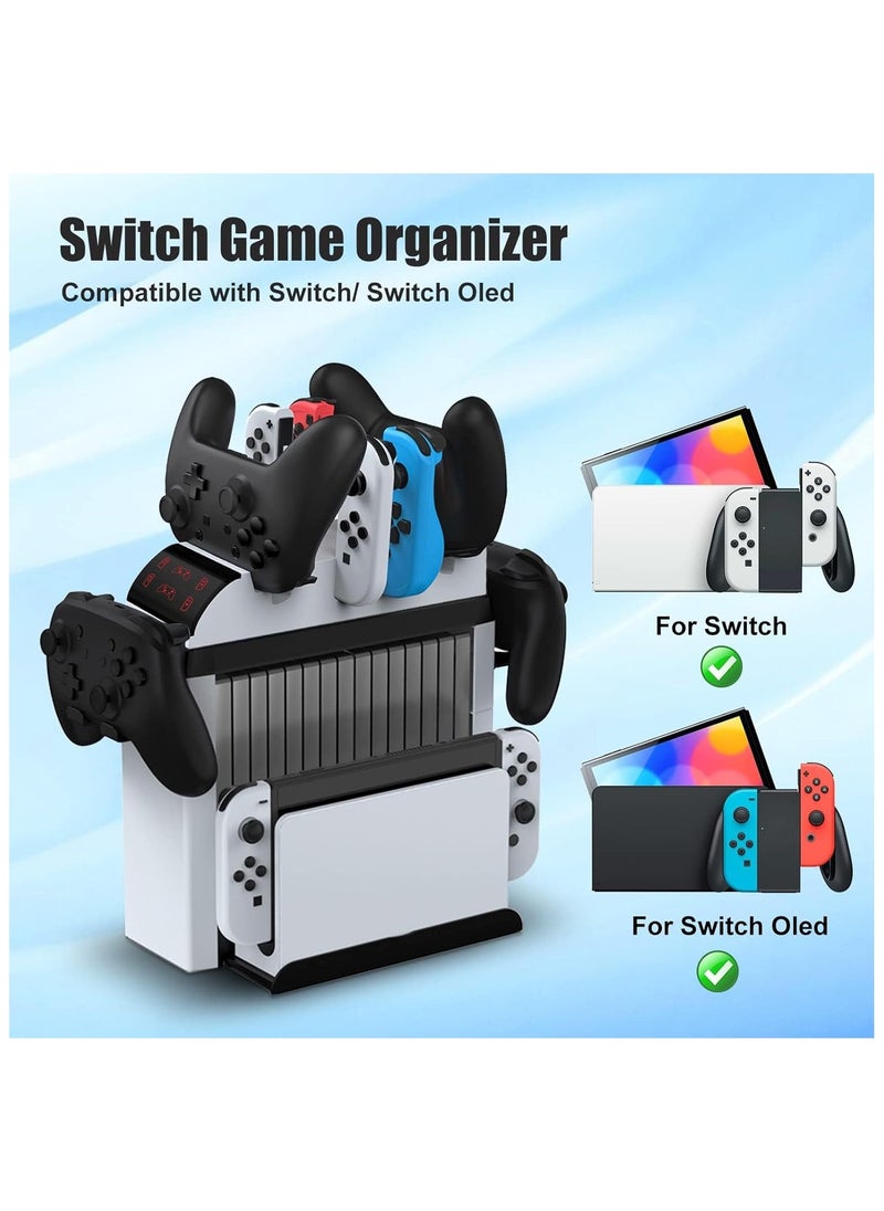 Switch Organizer Charging Dock with 12 Game Storage for Nintendo Switch/Switch OLED Model, Charges 2 Pro Controllers and 4 Joy-Con Controllers Simultaneously