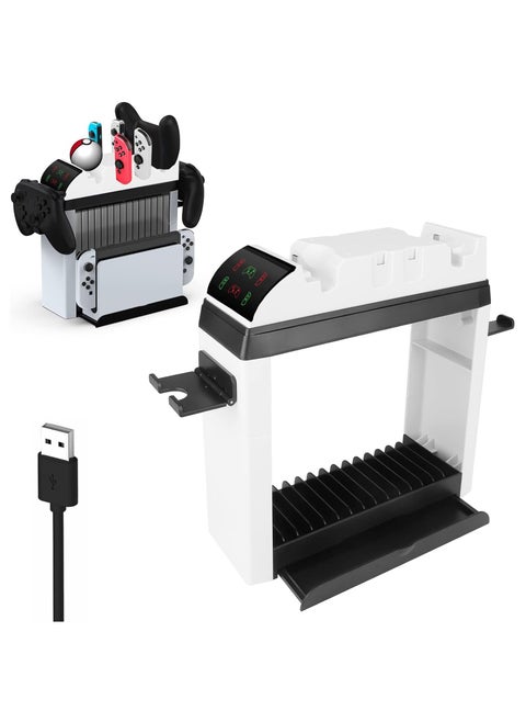 Switch Organizer Charging Dock with 12 Game Storage for Nintendo Switch/Switch OLED Model, Charges 2 Pro Controllers and 4 Joy-Con Controllers Simultaneously