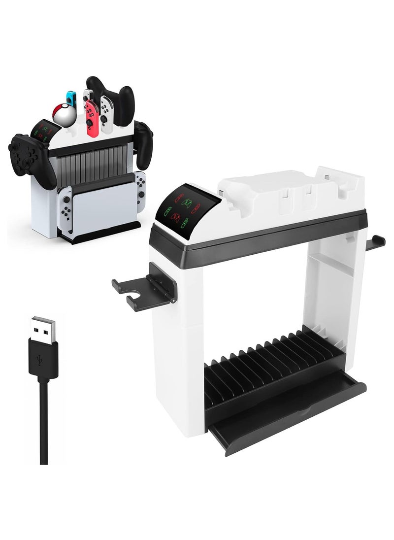 Switch Organizer Charging Dock with 12 Game Storage for Nintendo Switch/Switch OLED Model, Charges 2 Pro Controllers and 4 Joy-Con Controllers Simultaneously