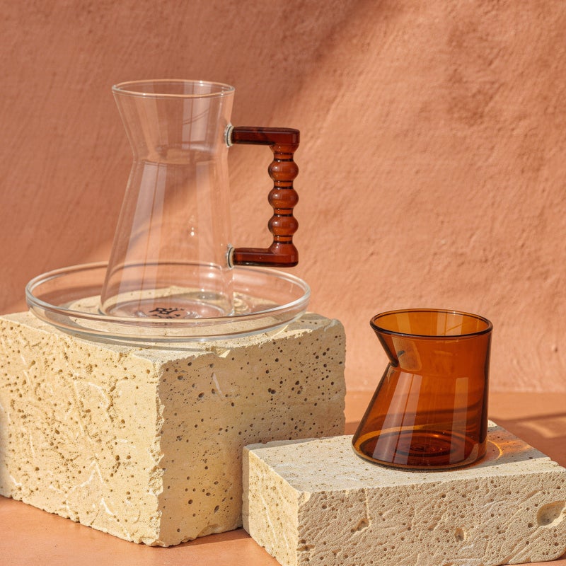 Tea and Coffee Serving Glass Set – Handled Clear Glass with Colored Accent Cup & Saucer