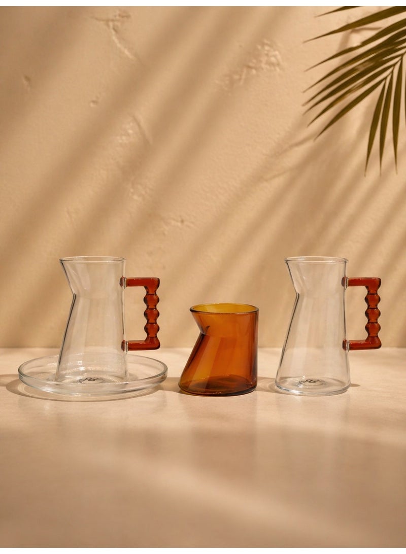 Raz Tea and Coffee Serving Glass Set – Handled Clear Glass with Colored Accent Cup & Saucer - Image 1