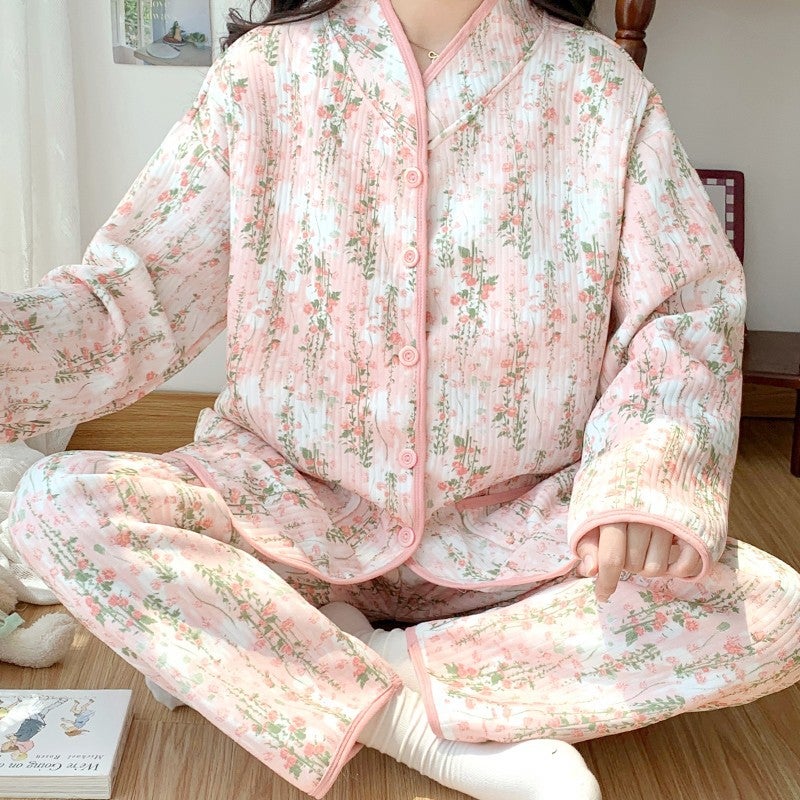 Lunar Clothing Spring and Autumn Air Cotton Thick Pregnant Womens Pajamas for Pregnant Women Winter Warm Postpartum Breastfeeding Clothing for Delivery 2502 rose princess [with chest pad] 