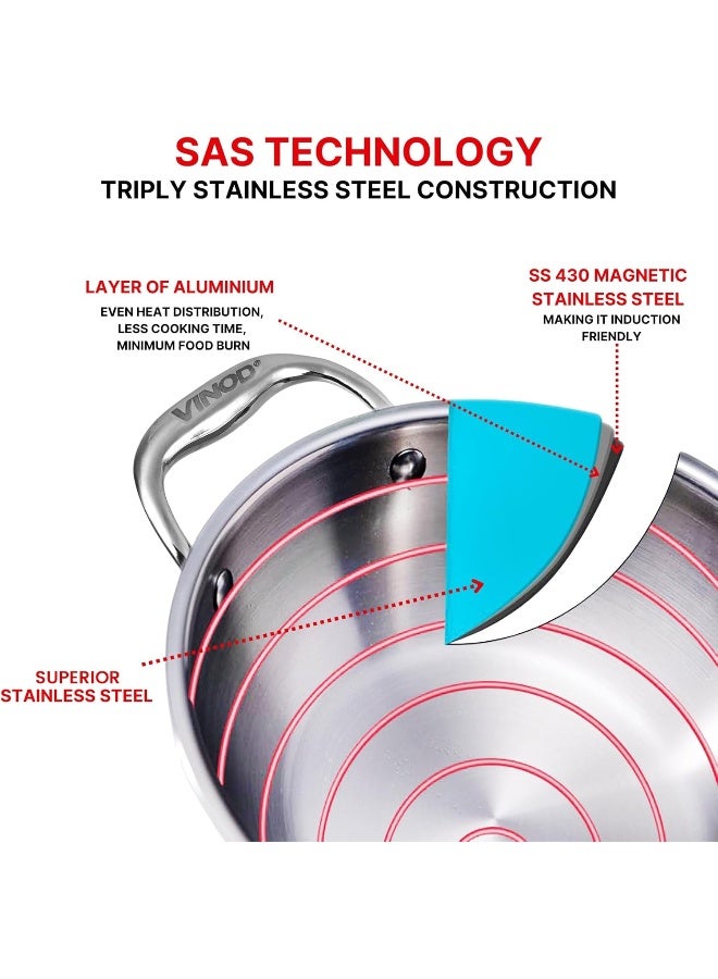 VINOD قدر كادهاي عميق إضافي من الفولاذ المقاوم للصدأ ثلاثي الطبقات بلاتينيوم مع غطاء من الفولاذ المقاوم للصدأ، سعة 1.8 لتر، قطر 20 سم | سمك 2.5 مم | مناسب للموقد الكهربائي والغاز | SAS ميتال - Image 5