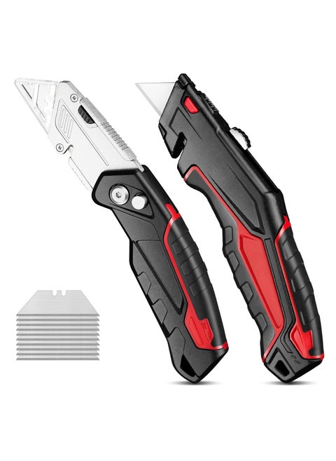 2-Pack Utility Knife Box Cutter Set - Retractable & Folding Razor Knife with 20 Extra SK5 Sharp Blades, Red