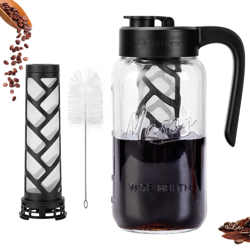 Spreccio Cold Brew Coffee Maker Glass, Airtight & Leakproof Mason Jar Pitcher with Cold Brew Filter, 64 oz Glass Pitcher with Lid for Iced Coffee, Lemonade, Ice Tea - Image 1