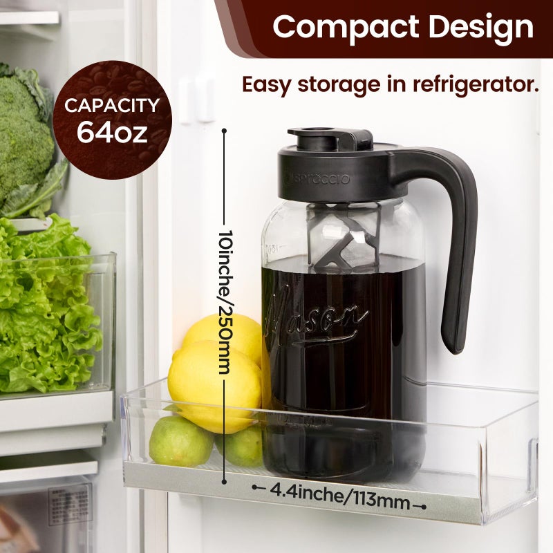 Spreccio Cold Brew Coffee Maker Glass, Airtight & Leakproof Mason Jar Pitcher with Cold Brew Filter, 64 oz Glass Pitcher with Lid for Iced Coffee, Lemonade, Ice Tea - Image 2