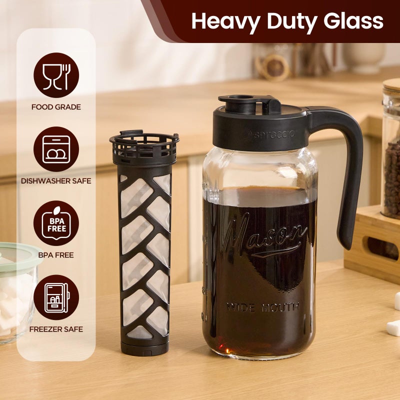 Spreccio Cold Brew Coffee Maker Glass, Airtight & Leakproof Mason Jar Pitcher with Cold Brew Filter, 64 oz Glass Pitcher with Lid for Iced Coffee, Lemonade, Ice Tea - Image 5