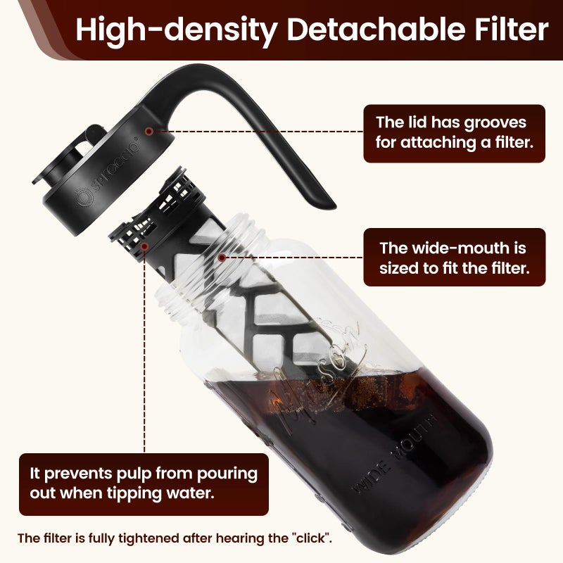 Spreccio Cold Brew Coffee Maker Glass, Airtight & Leakproof Mason Jar Pitcher with Cold Brew Filter, 64 oz Glass Pitcher with Lid for Iced Coffee, Lemonade, Ice Tea - Image 4