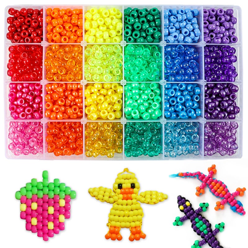 Quefe 2880pcs Pony Beads Kit, Kandi Beads for Hair, Rainbow Beads Plastic Bead for Craft 6 x 9mm 24 Colors 4 Styles Large Hole Beads Set for Bracelets Jewelry Making - Image 1