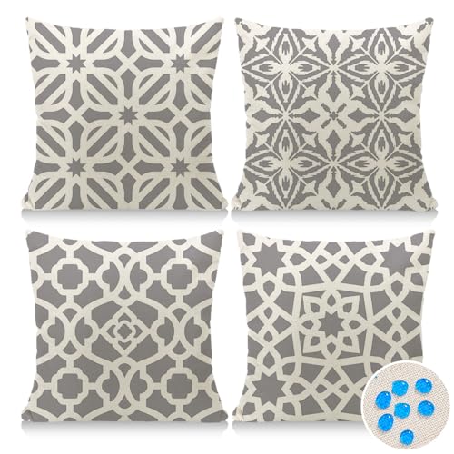 Cirzone Outdoor Pillow Covers 18x18 Set of 4 Morden Grey and White Geometric Patterns Waterproof Throw Outdoor Pillows Boho Decorations for Funiture Patio Garden Home - Image 1