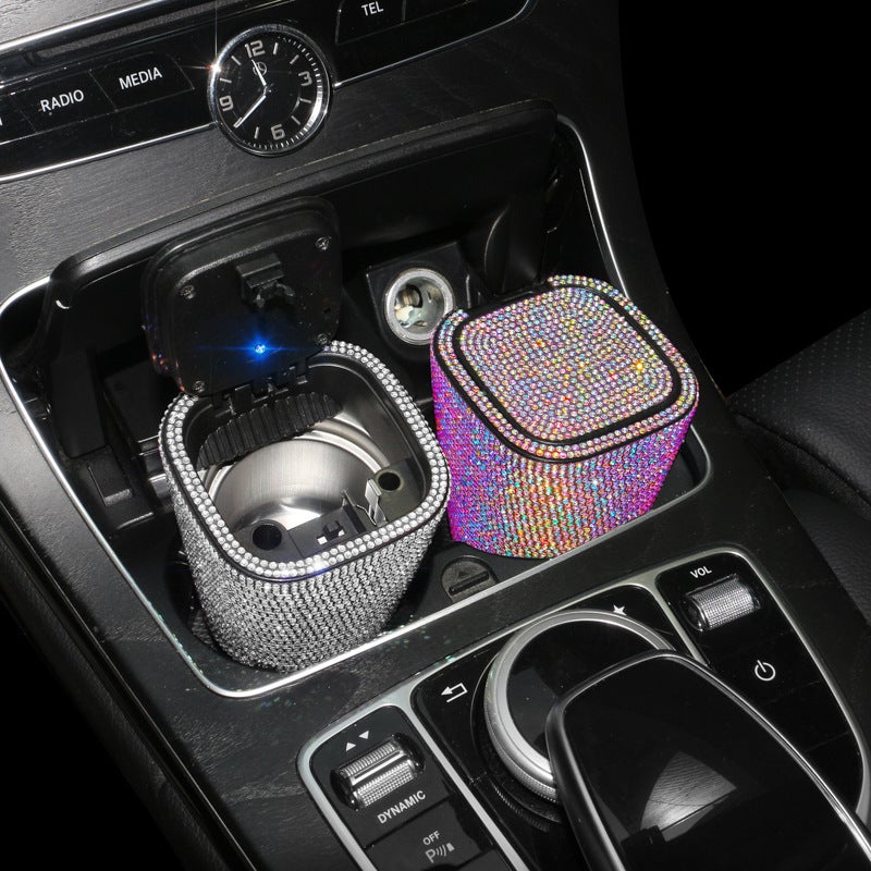 Diamond-Inlaid Car Ashtray with LED Light, Creative Hanging Design for Vehicle - Image 2