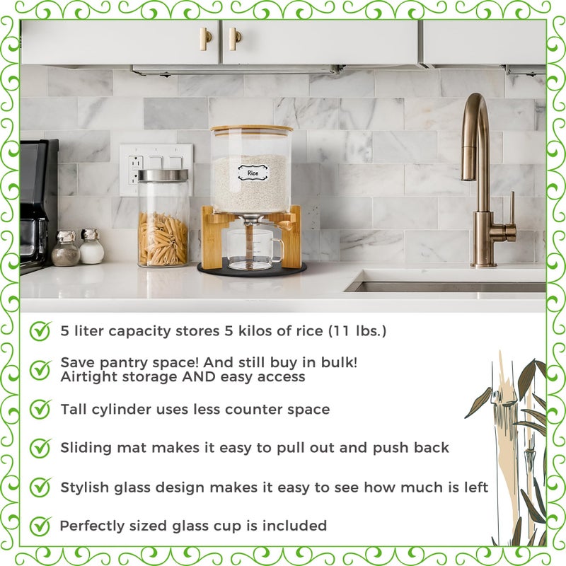 Belle Parc Glass Rice Dispenser 10 lbs, with Airtight Lid & Labels & Slider mat. Make your glass rice container Glass AND Bamboo rice container! Best 5L capacity grain dispenser and rice holder - Image 4